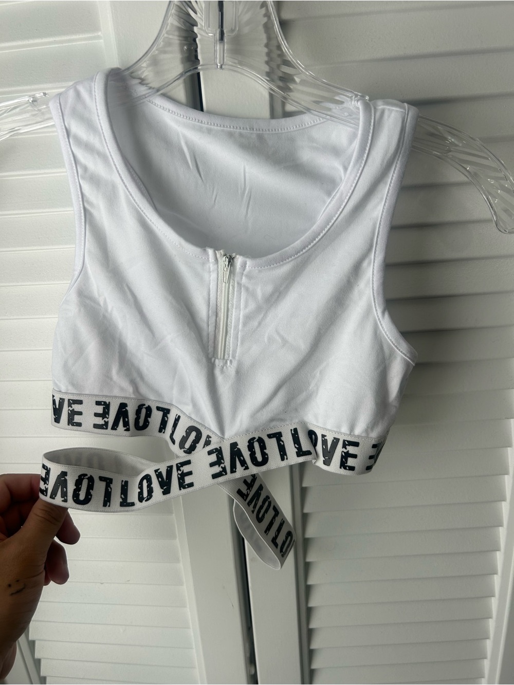 White Zip-Front Sports Bra with 'LOVE' Elastic Band